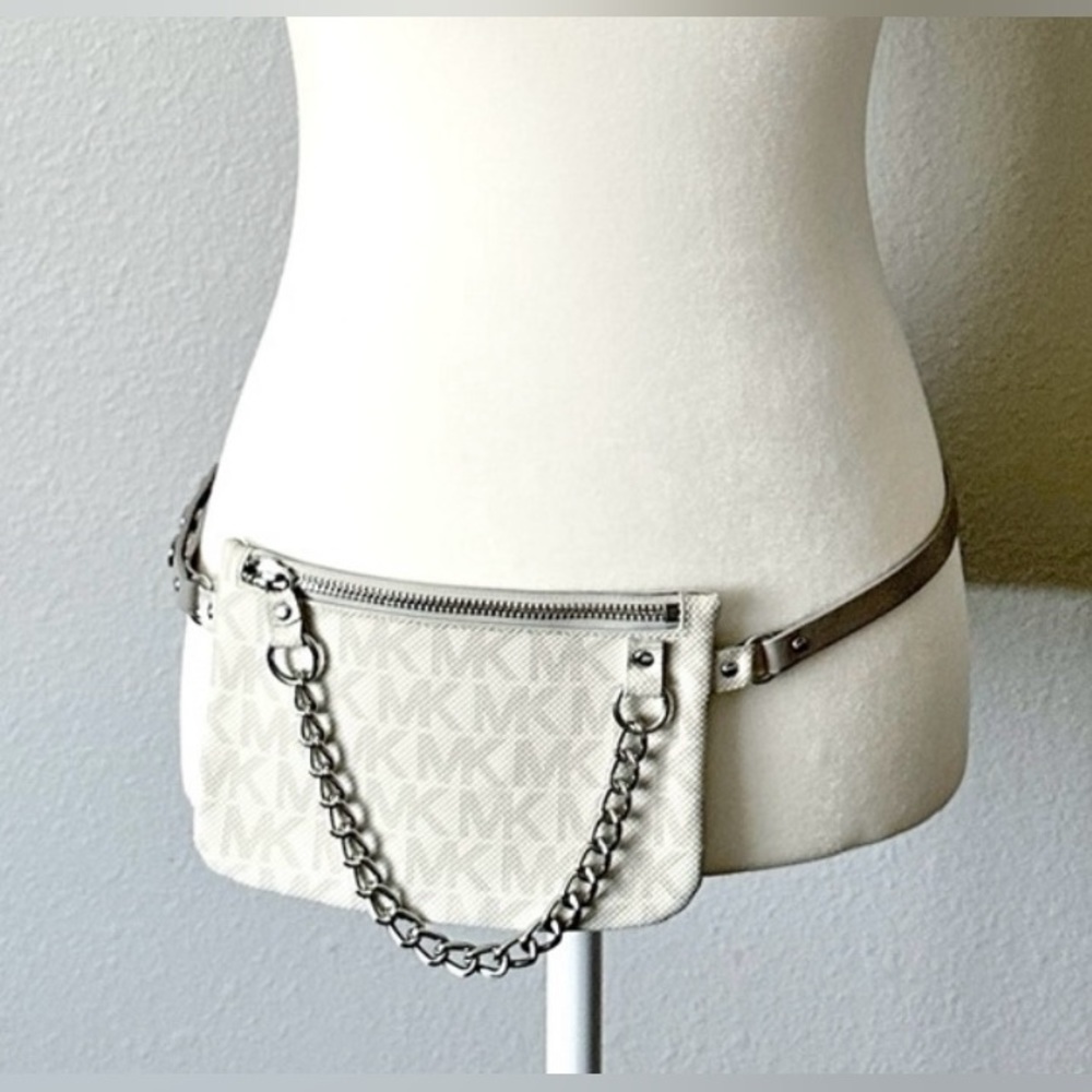 MICHAEL Michael Kors Monogram Coated Chain
Belt Bag White Metallic Size M EUC - Picture 4 of 10